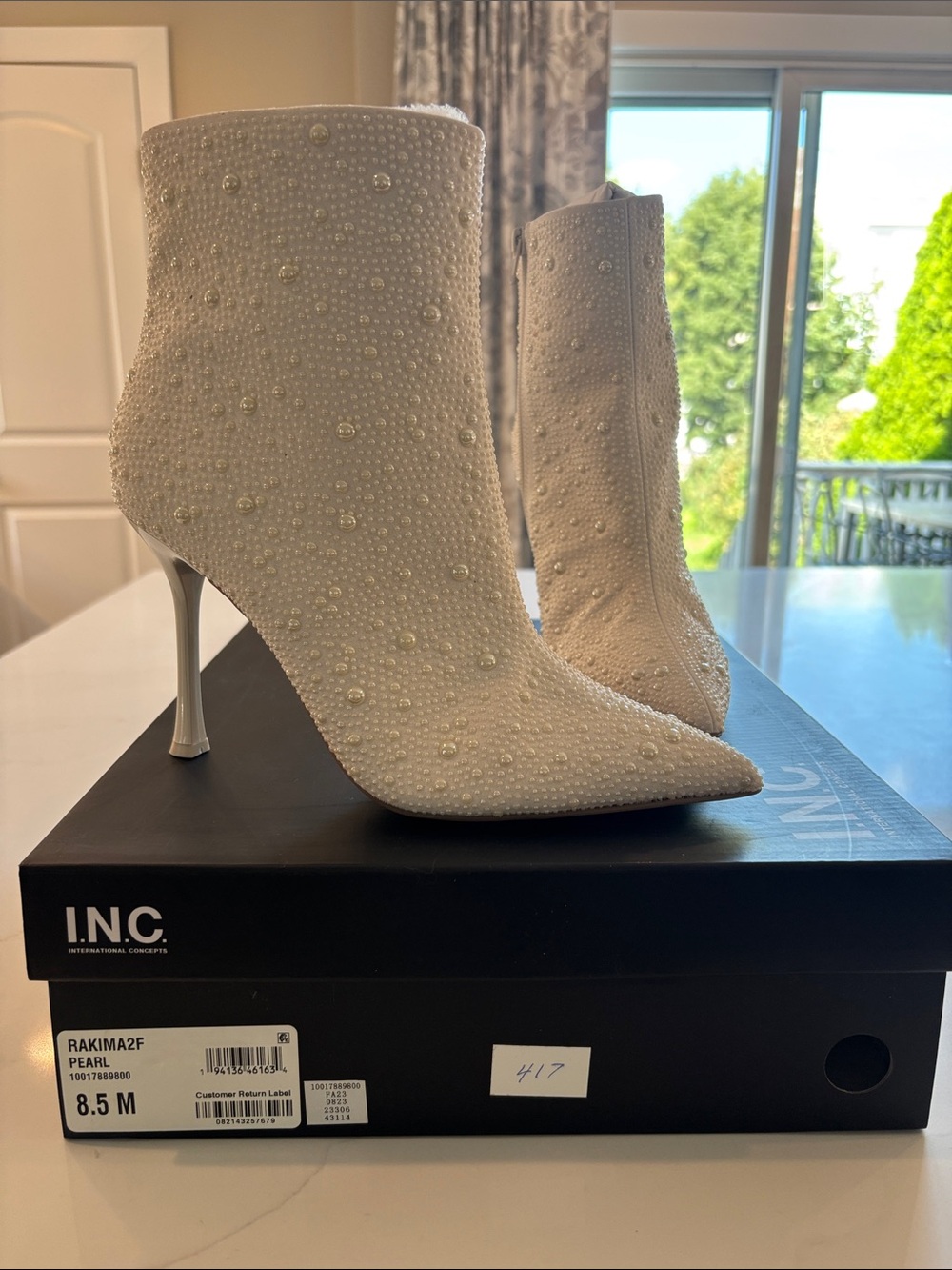 INC International Concepts Pearl Embellished Ivory Ankle Boots